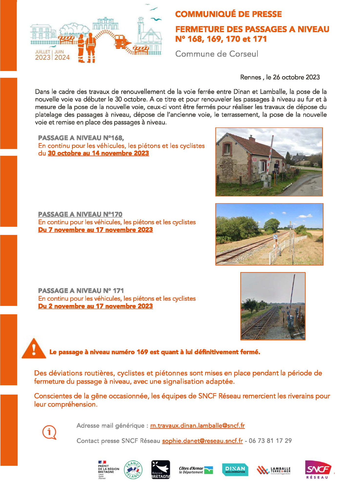 Fermeture temporaire des passages à niveau commune de Corseul - Fermeture des passages à niveau 168, 169, 170 et 171 commune de Corseul
