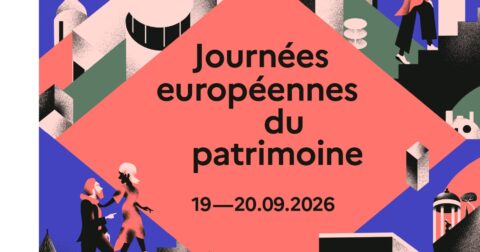 Affiche 2026 des Journées européennes du patrimoine - un losange central indique le nom de l'événement et la date (19 et 20 septembre 2026) autour des personnages montent ou descendent des escaliers de bâtiments type arche de triomphe ou immeubles futuristes.